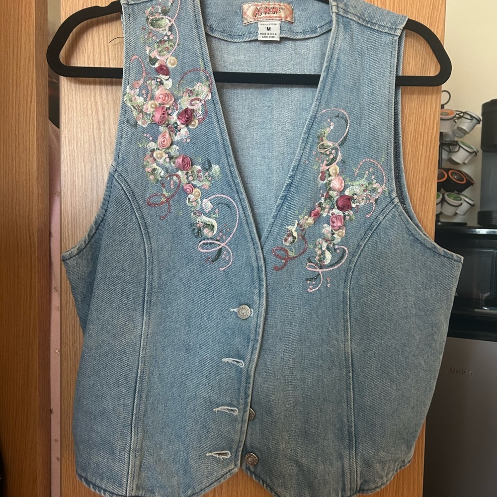Embroidered Denim Vest with Floral Design